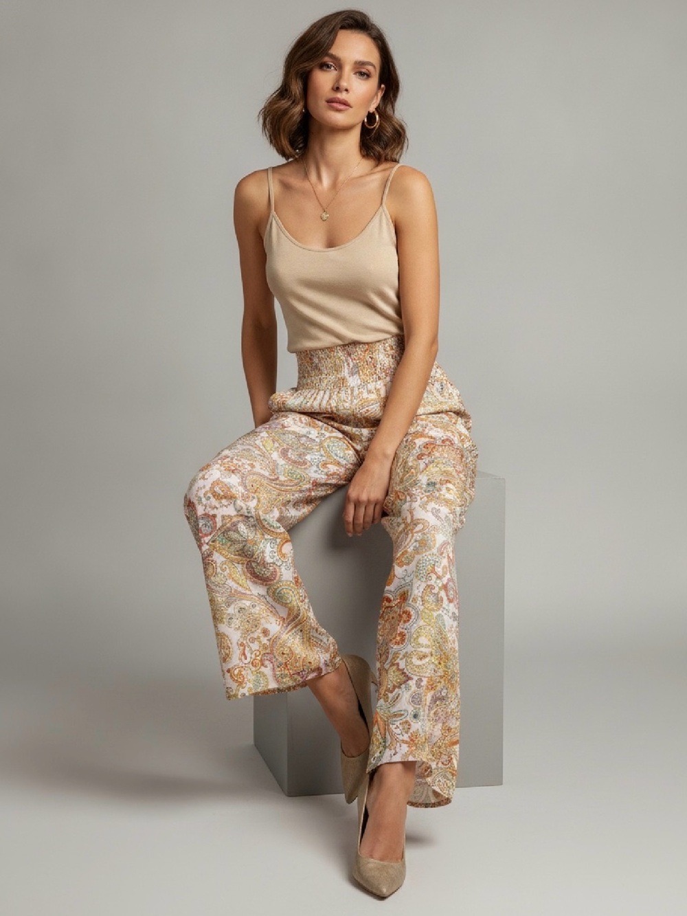 ENTRO WIDE LEG HIGH WAISTED BOTANICAL PAISLEY PRINT PANTS